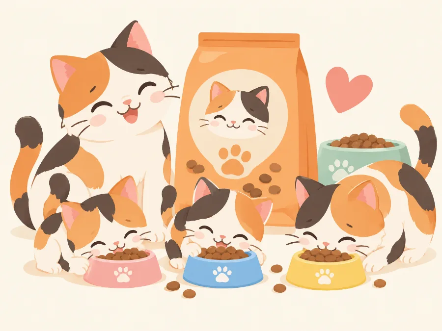 Calico cats happily eating from bowls of cat food