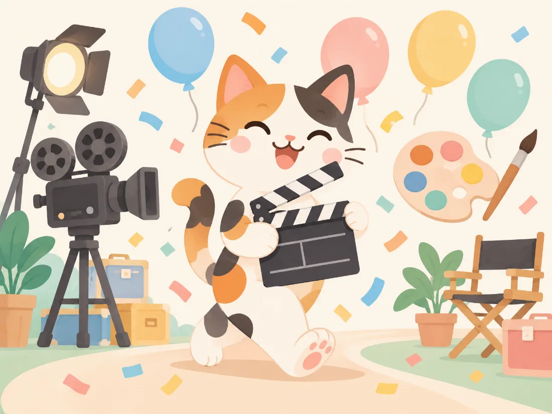 A happy calico cat with a clapperboard, camera and color palette, surrounded by confetti