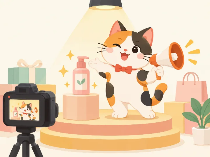 Calico cat presenting a product under a spotlight