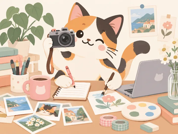 Calico cat creating photos, graphics and writing