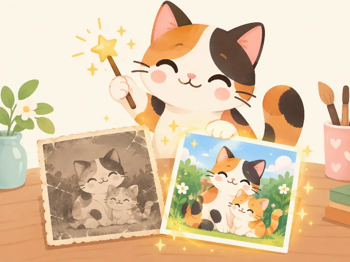 Calico cat restoring an old faded photo with a magic wand