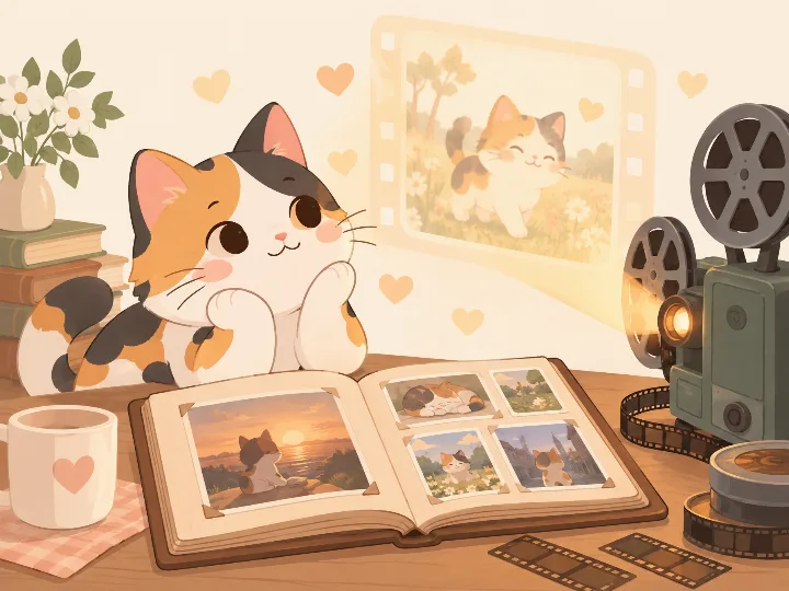 Calico cat watching old family photos and a film projector