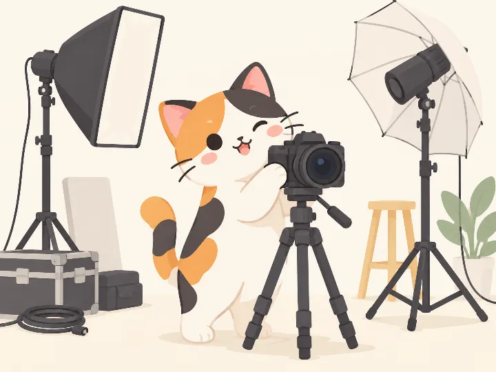 Calico cat beside studio lights, tripod and camera