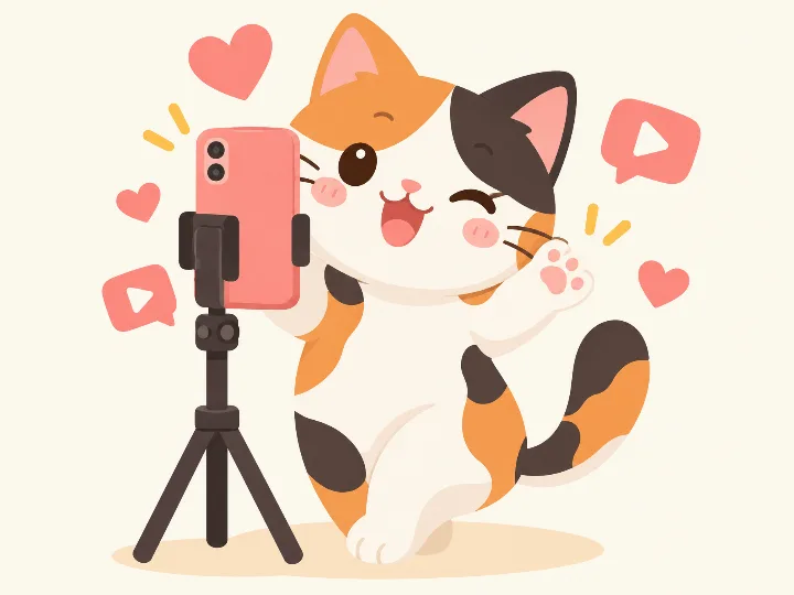 Calico cat filming a vertical video on a phone