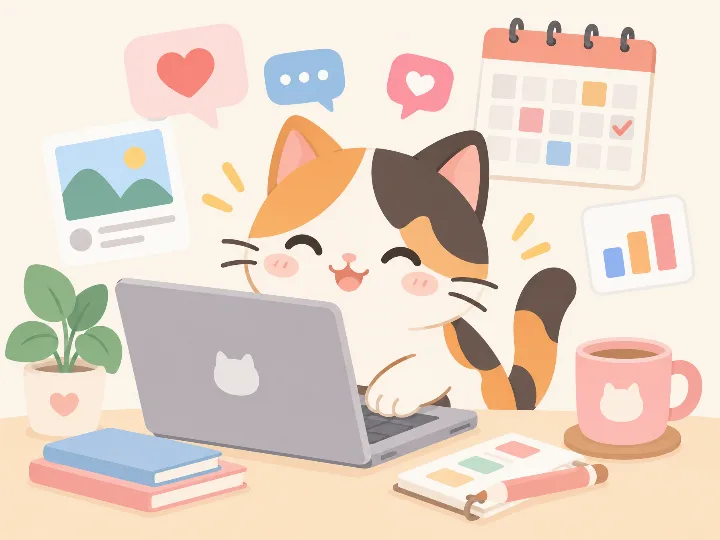 Calico cat managing social media with hearts and chat bubbles